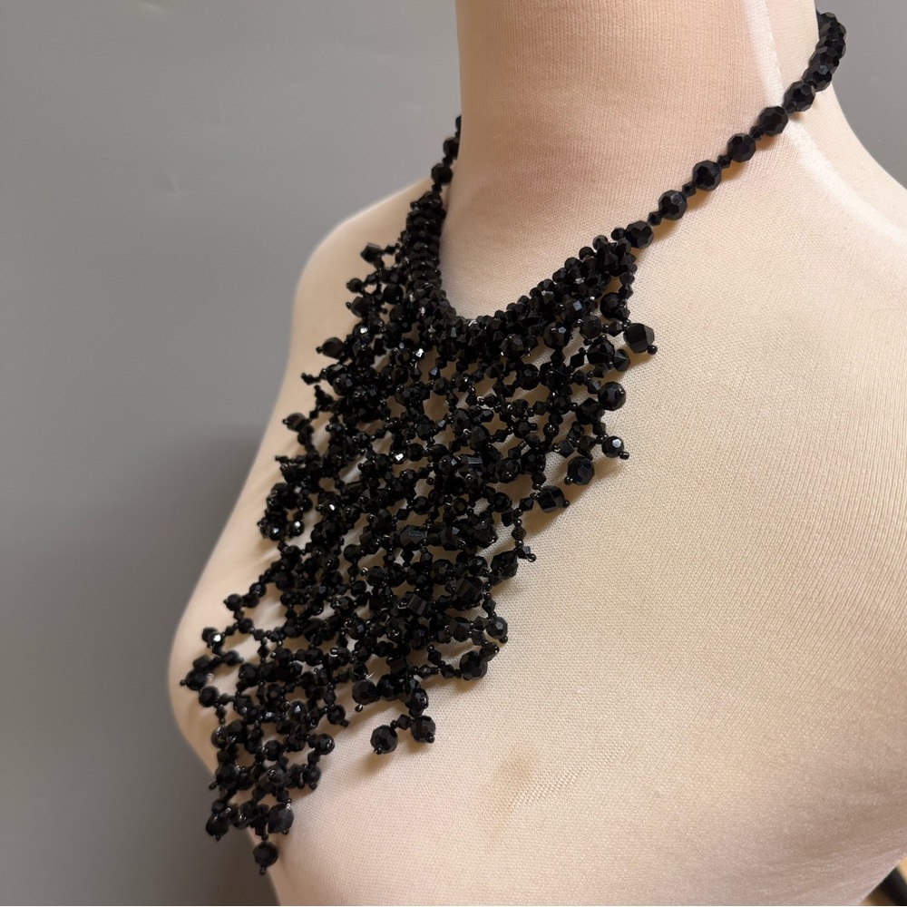 Black crystals Beaded Fringe Statement Necklace - Picture 3 of 11
